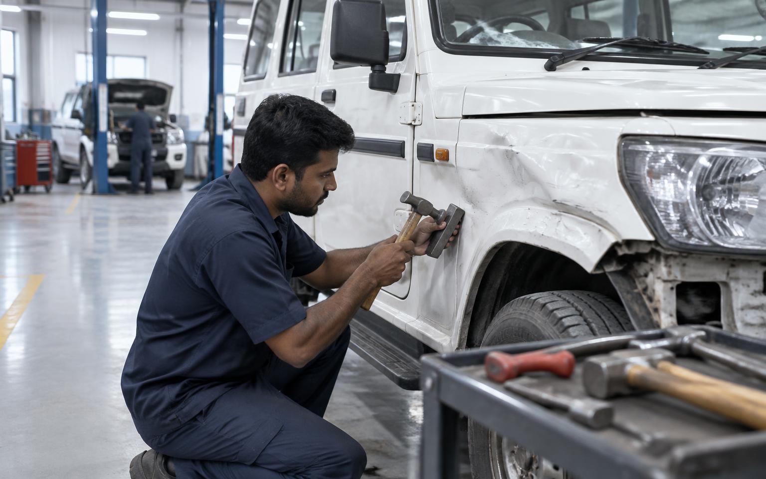 Body panel repair on a utility vehicle in the workshop