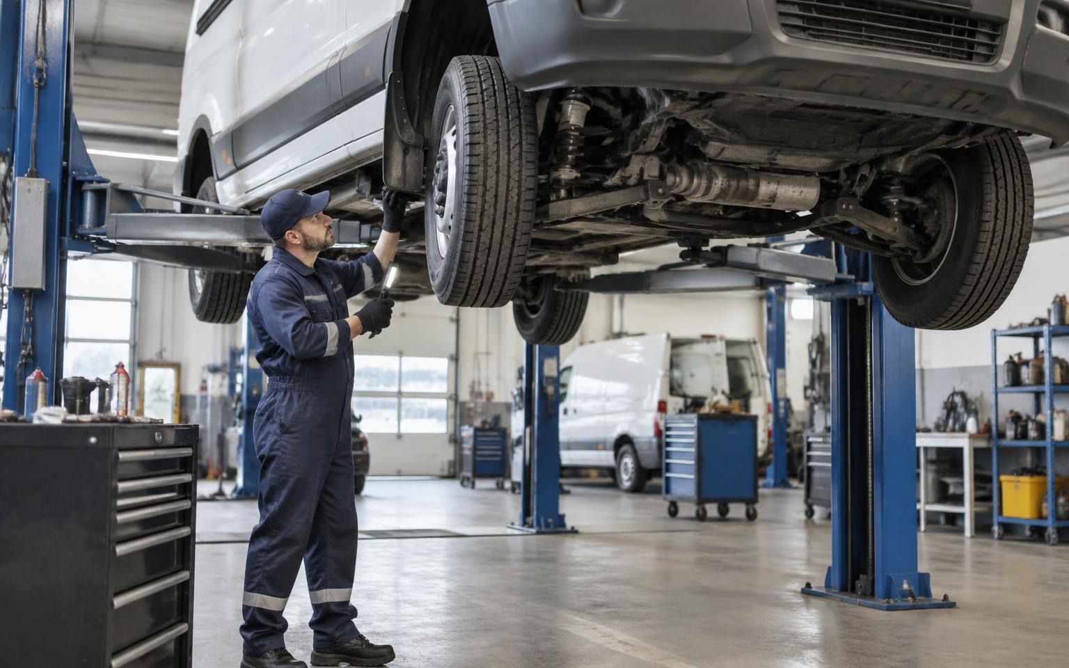 Commercial vehicle raised on a workshop lift for servicing