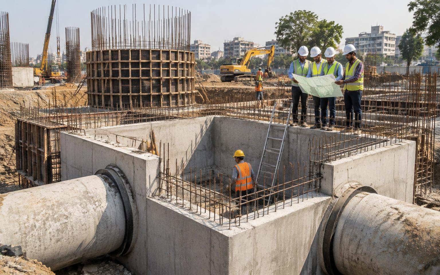 Reinforced concrete sewer chamber under construction