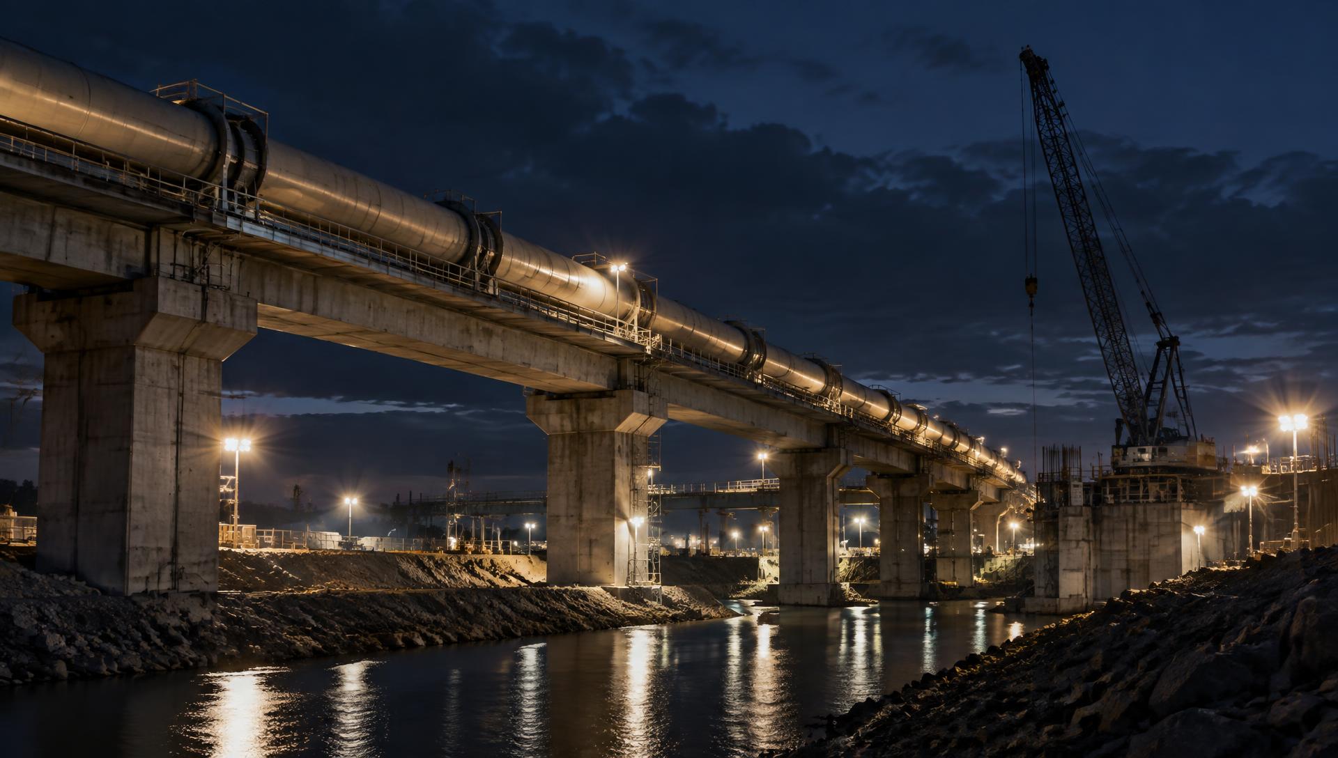 Pipe-carrying bridge and infrastructure construction site at night