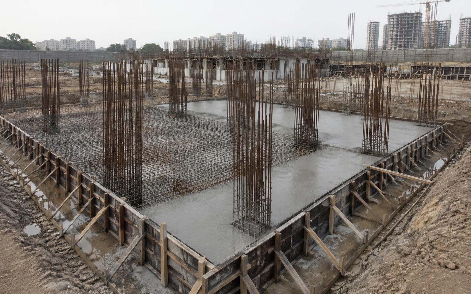 Raft foundation with reinforcement and formwork before concreting
