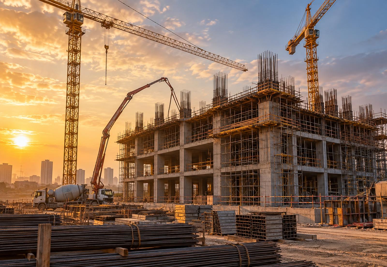 Large commercial building under construction with tower cranes at golden hour