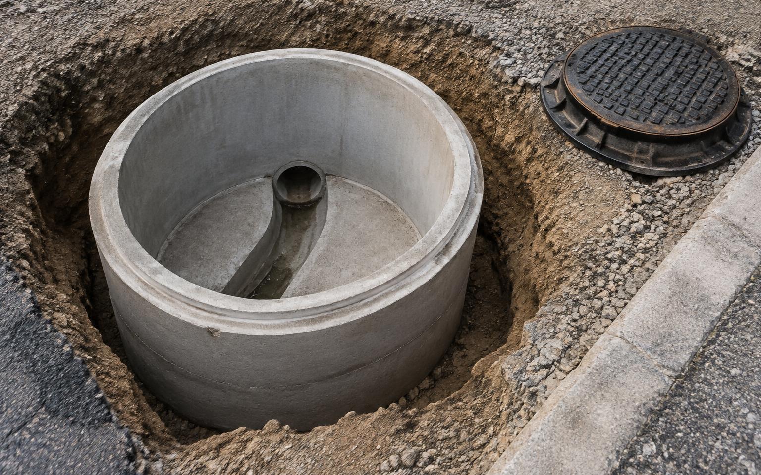 Precast concrete manhole chamber with benching set into an excavation