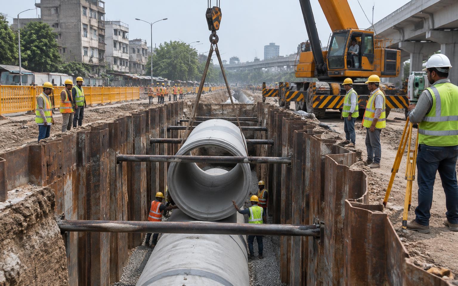 Large diameter sewer pipeline being installed in a shored trench