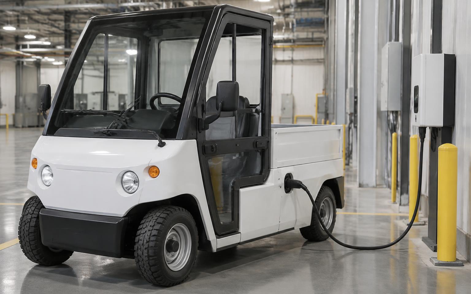 Battery operated electric utility vehicle on charge inside a plant