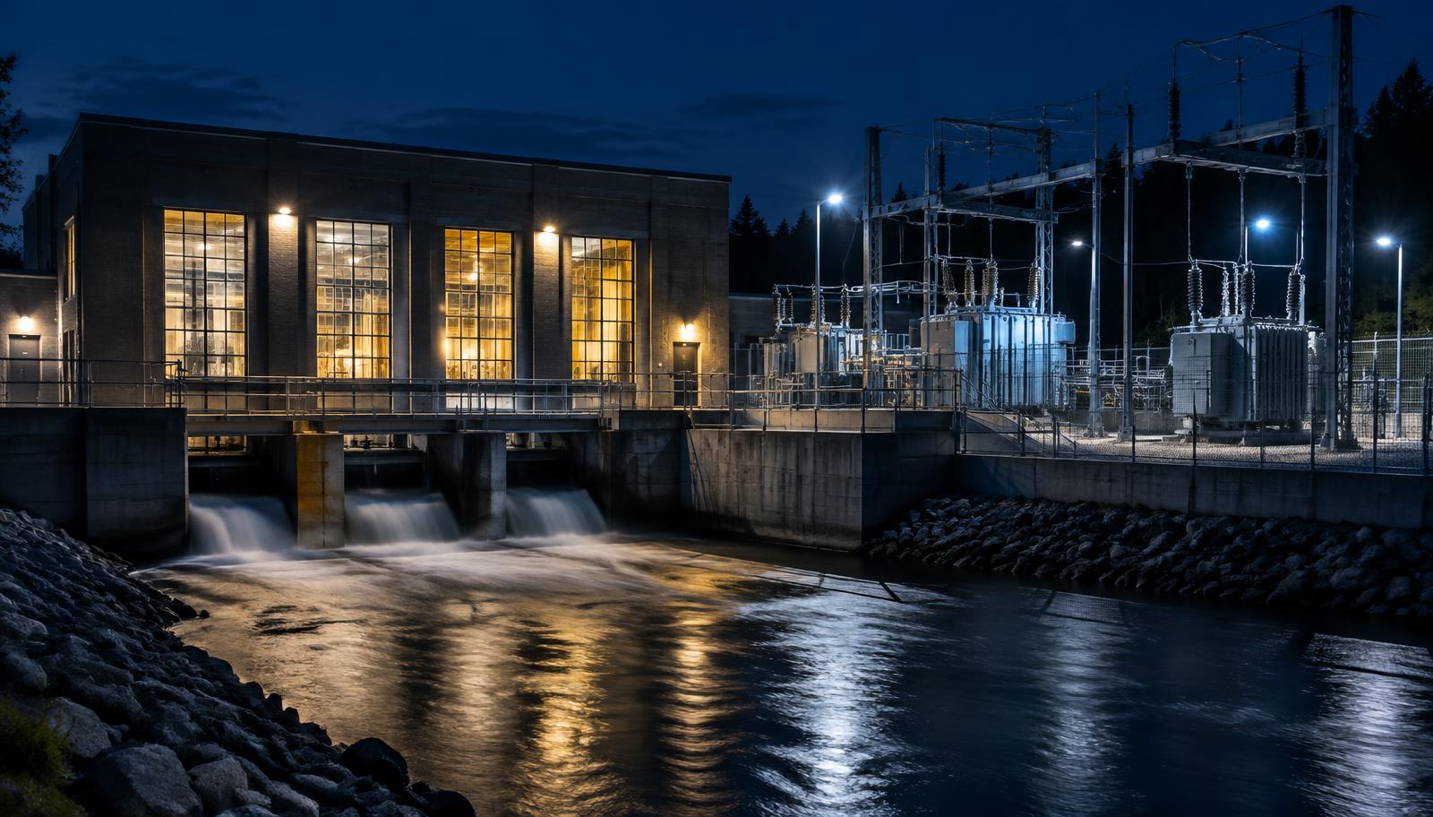 Illuminated pumping station and substation at night