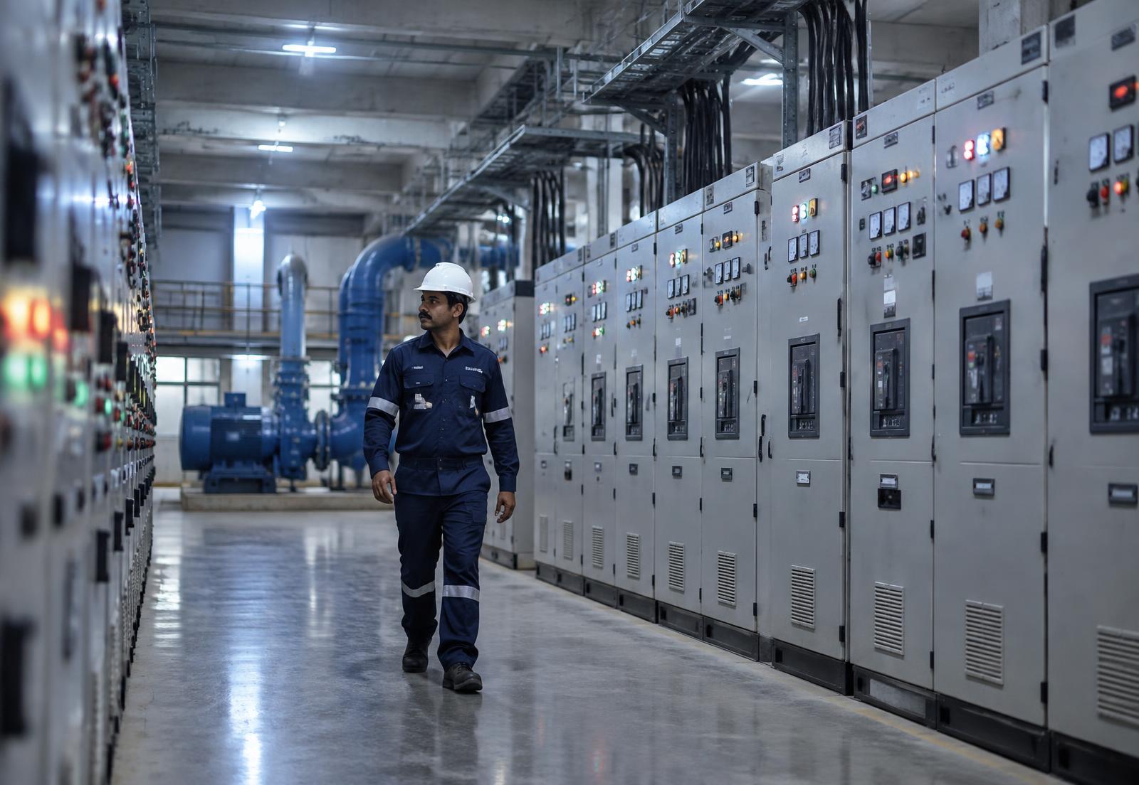 Row of industrial electrical control panels in a pumping station switchgear room