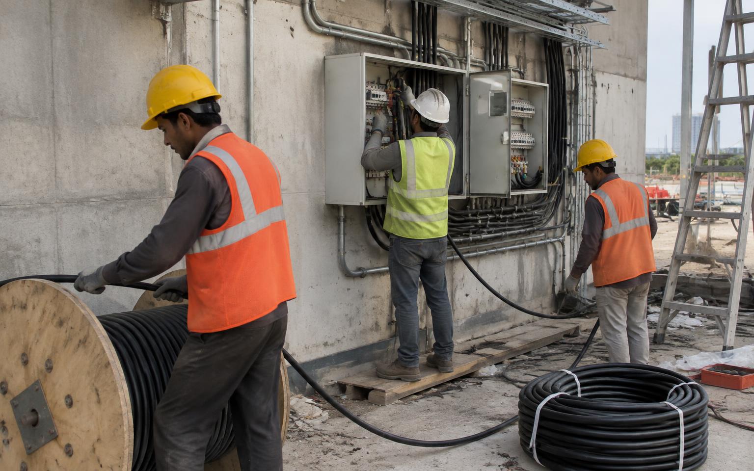 Electricians installing power cabling and a distribution board on site