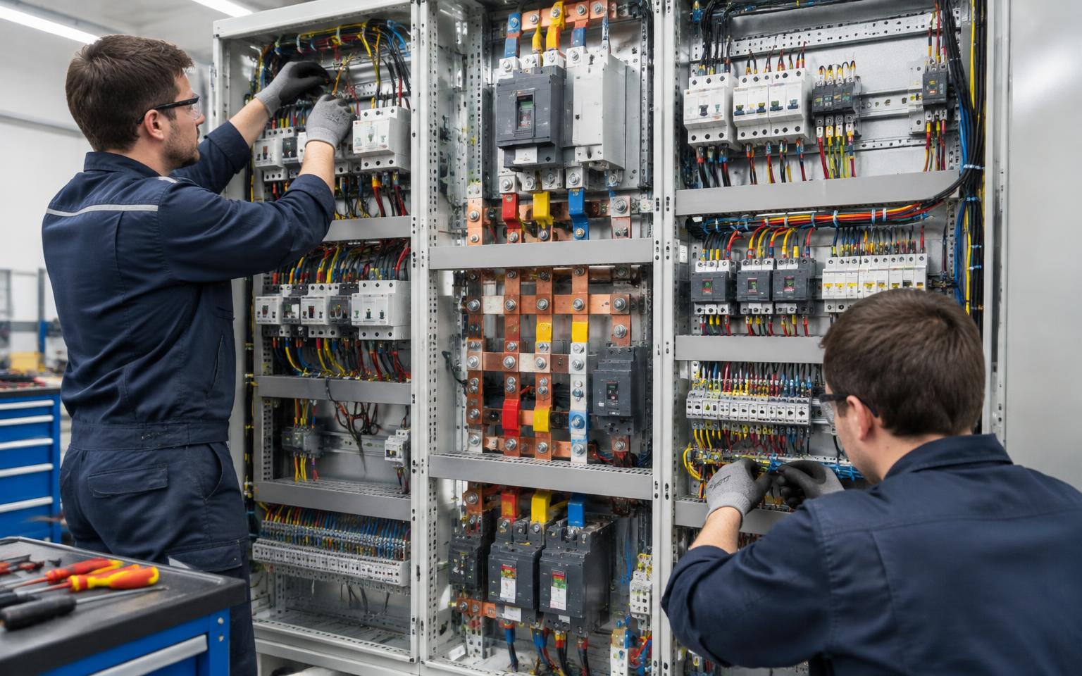 Technicians wiring an industrial control panel in a workshop