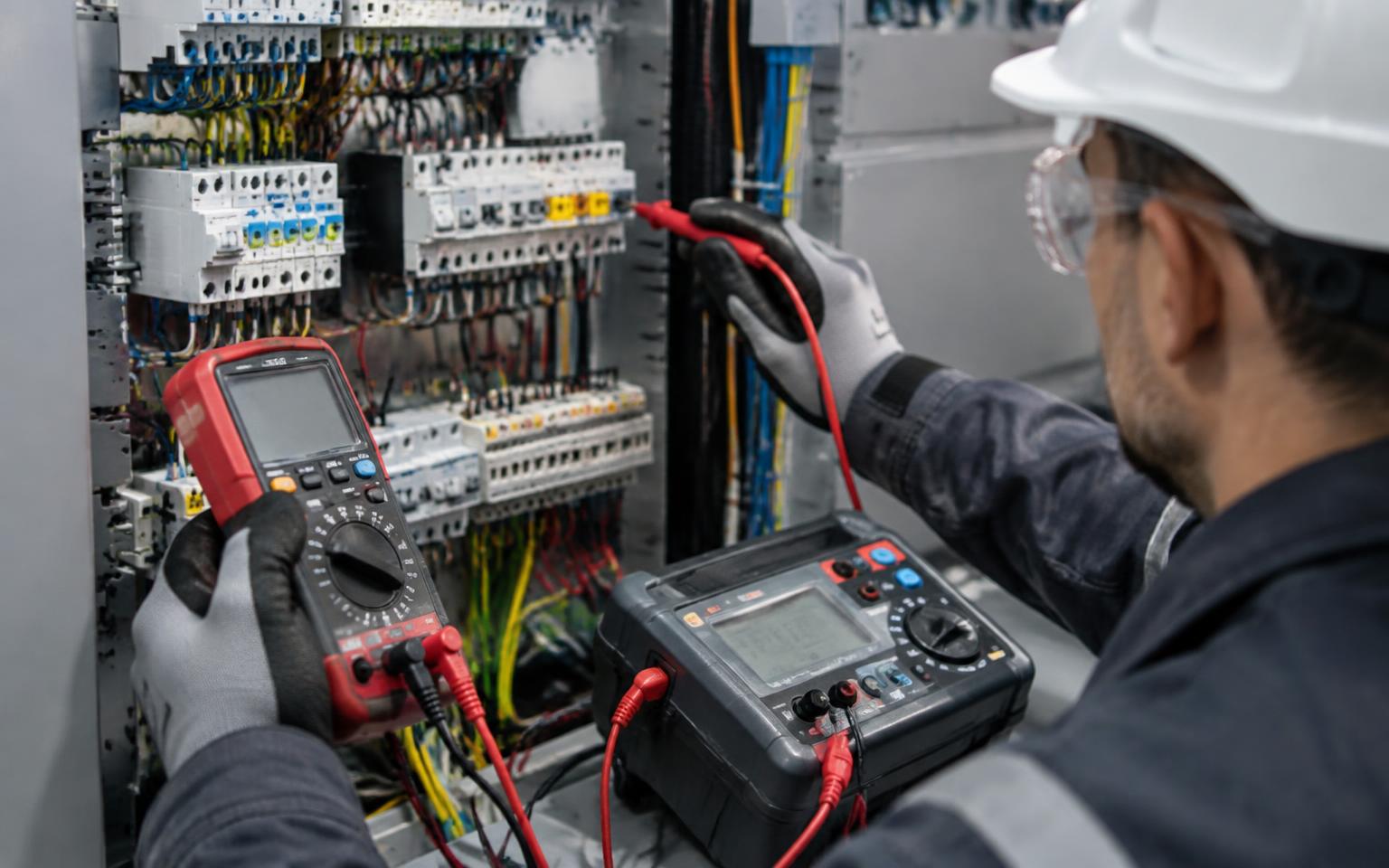 Engineer testing a control panel with measuring instruments