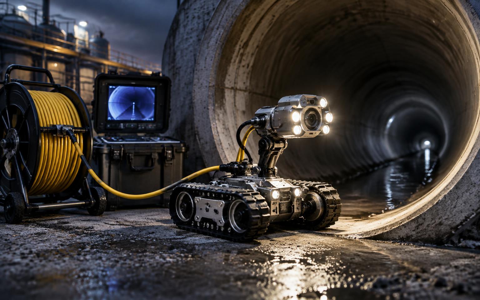Robotic pipeline inspection crawler at the mouth of a large pipe