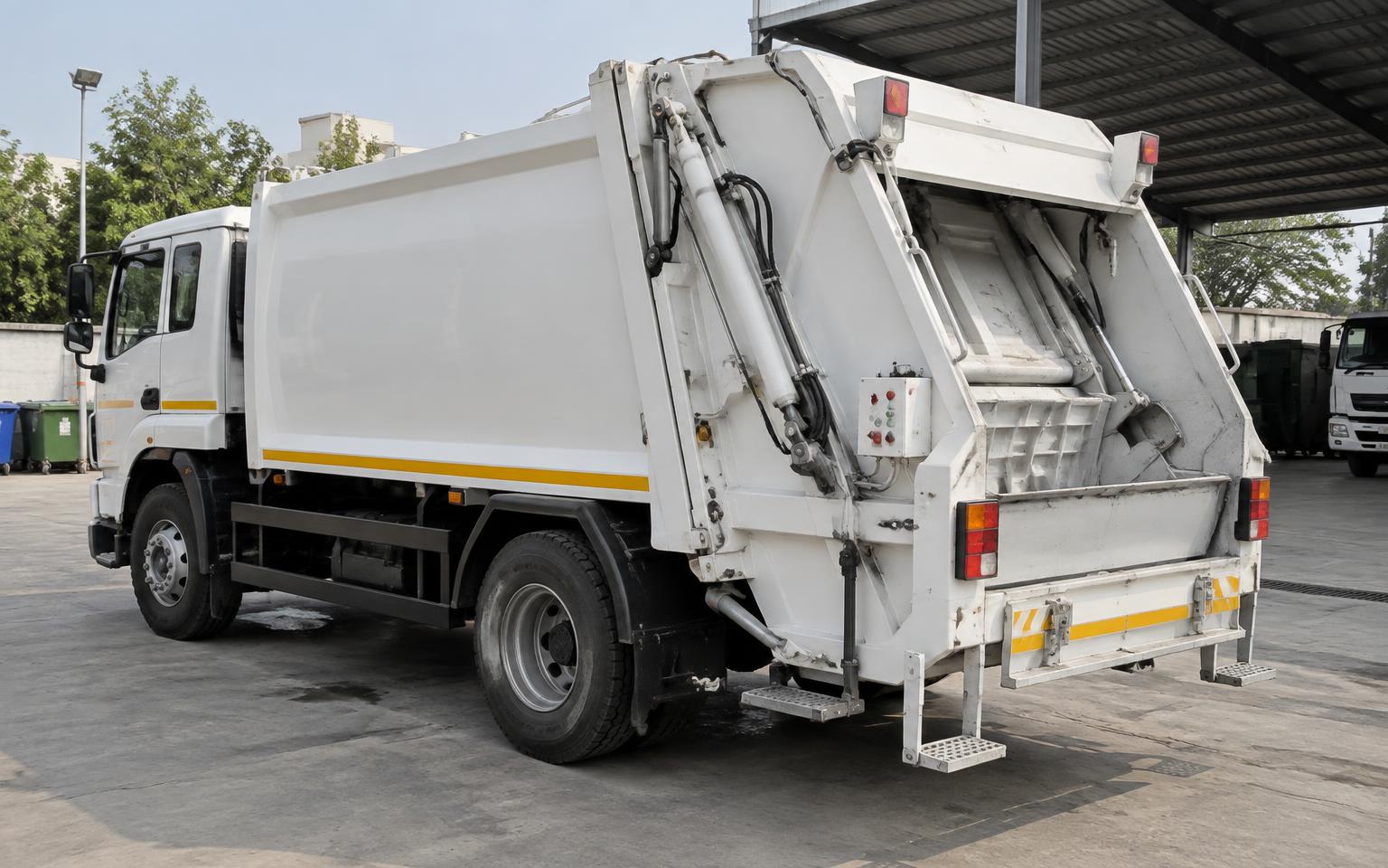Refuse compactor vehicle at a municipal depot