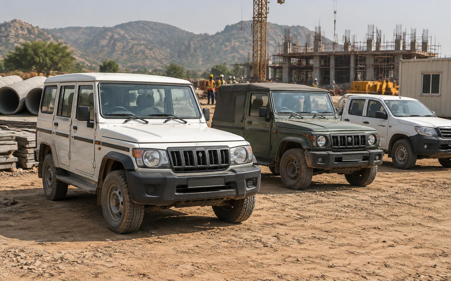Utility jeeps and field vehicles parked at an engineering site yard