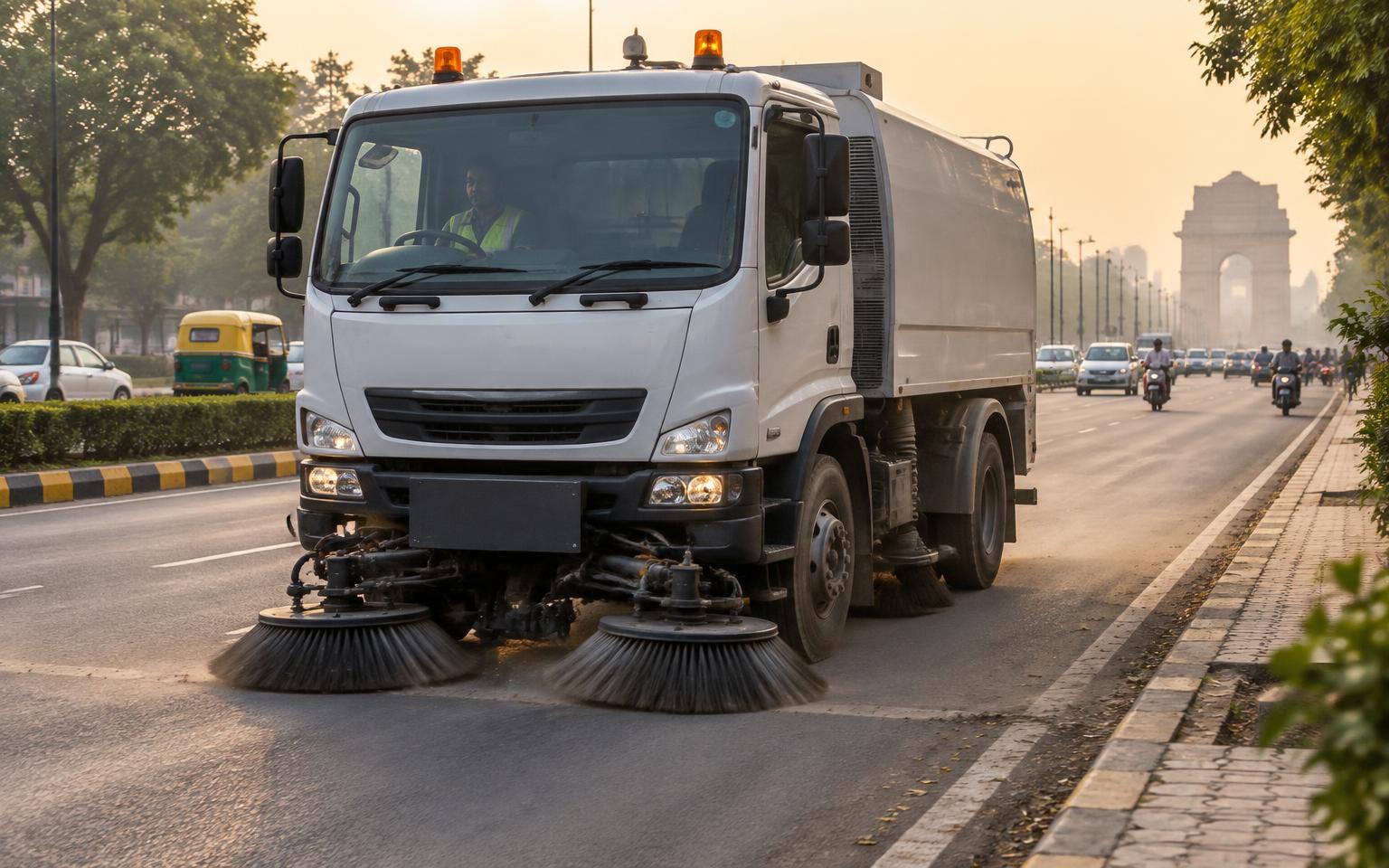 Road sweeping vehicle working on an urban road