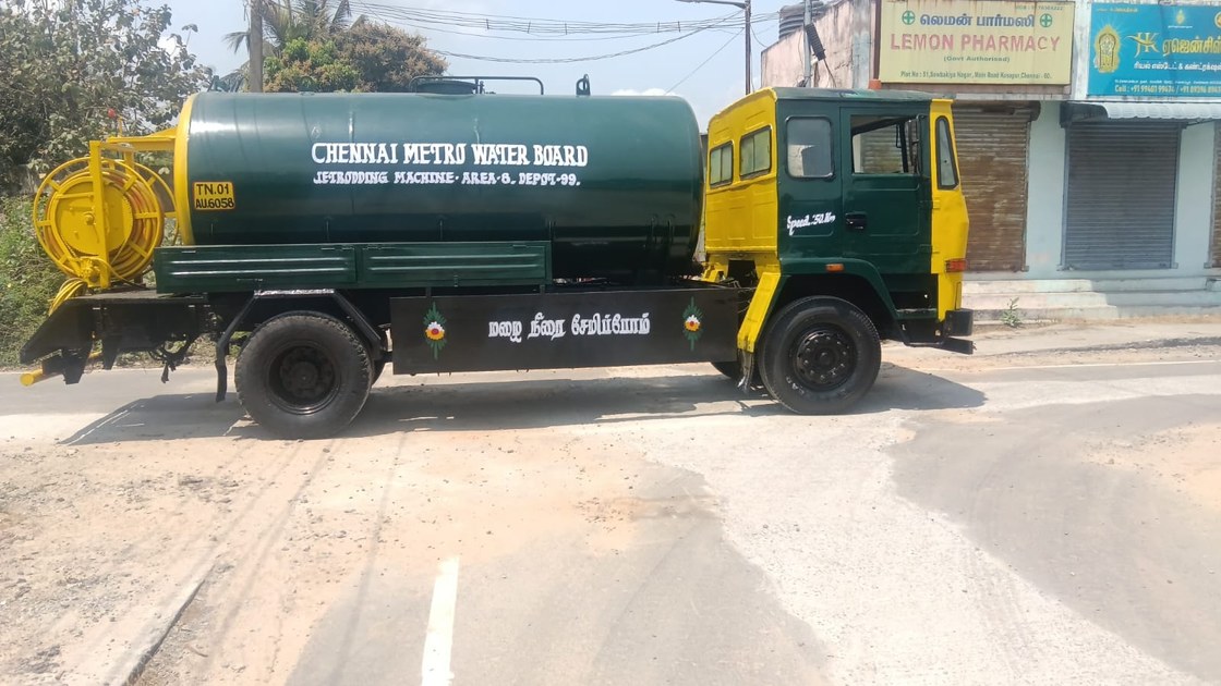 Water tanker lorry with steel tank at a municipal yard